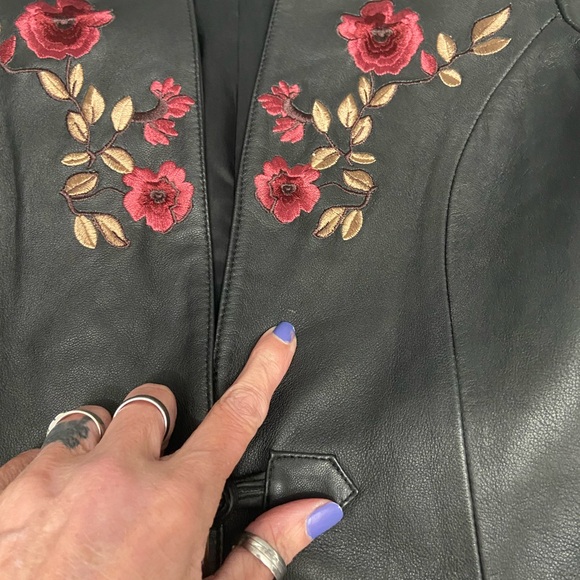 BELLE SPORT Womens Black Leather Jacket Blazer Floral Embroidery Throughout S - Picture 13 of 17